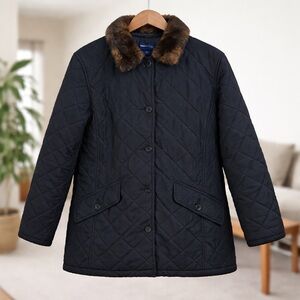 Charter Club Black Quilted Jacket with Faux Fur Collar